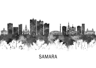Obraz premium Samara Russia Skyline BW, cityscape landscape watercolor abstract painting splash travel art illustration graphic design urban art modern downtown