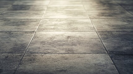 Sunlight illuminating large square grey concrete tiles floor