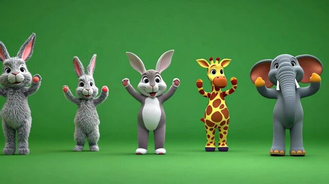 3D Animal Characters Dancing On Chroma Green Background