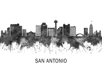 San Antonio Texas Skyline BW, cityscape landscape watercolor abstract painting splash travel art illustration graphic design urban art modern downtown