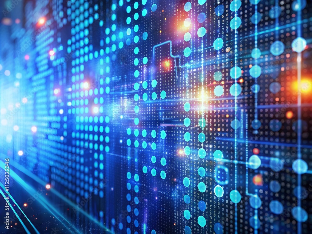 Poster closeup of glowing binary code on a digital surface in blue, capturing the essence of technology and