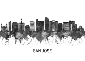 Obraz premium San Jose California Skyline BW, cityscape landscape watercolor abstract painting splash travel art illustration graphic design urban art modern downtown