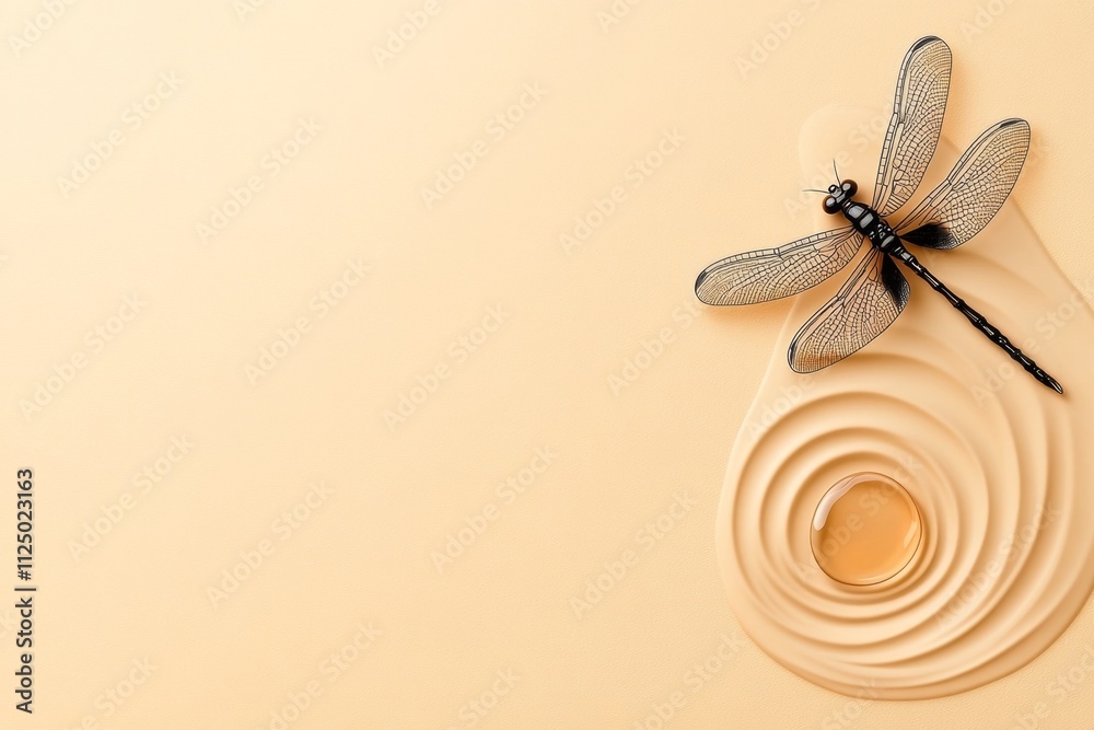 Poster a clean design of a dragonfly resting on a small ripple of water, illustrated in soft tones and mini