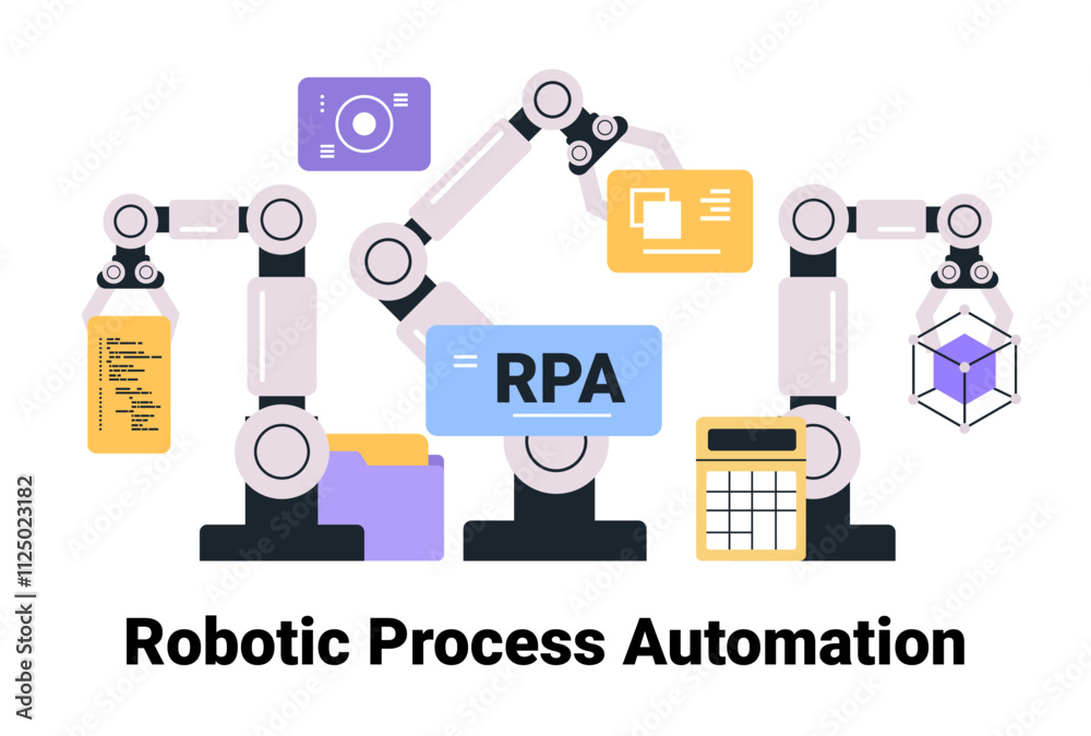 Poster robotic process automation concept with robotic arms interacting with digital elements like code fil