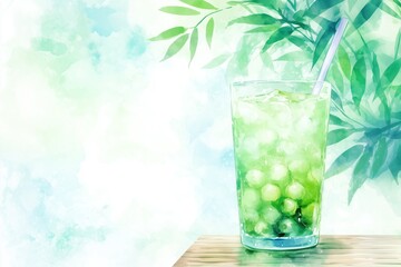 Refreshing Muscat Grape Bubble Tea with Ice Cubes on Wooden Table