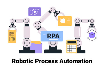 Robotic process automation concept with robotic arms interacting with digital elements like code files and graphs. Technology innovation theme