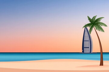 Obraz premium A clean illustration of the Palm Jumeirah outline, drawn with sleek lines and soft blue and beige gradients