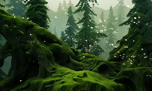 Magic beauty of green forest nature trees covered with moss