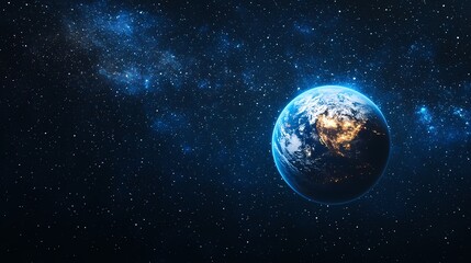 Fototapeta premium A stunning view of Earth illuminated at night, surrounded by a starry cosmic backdrop, showcasing vibrant blue and dark hues.