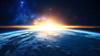 Fototapeta premium Stunning view of Earth from space at sunrise, showcasing a vibrant spectrum of colors in the atmosphere.