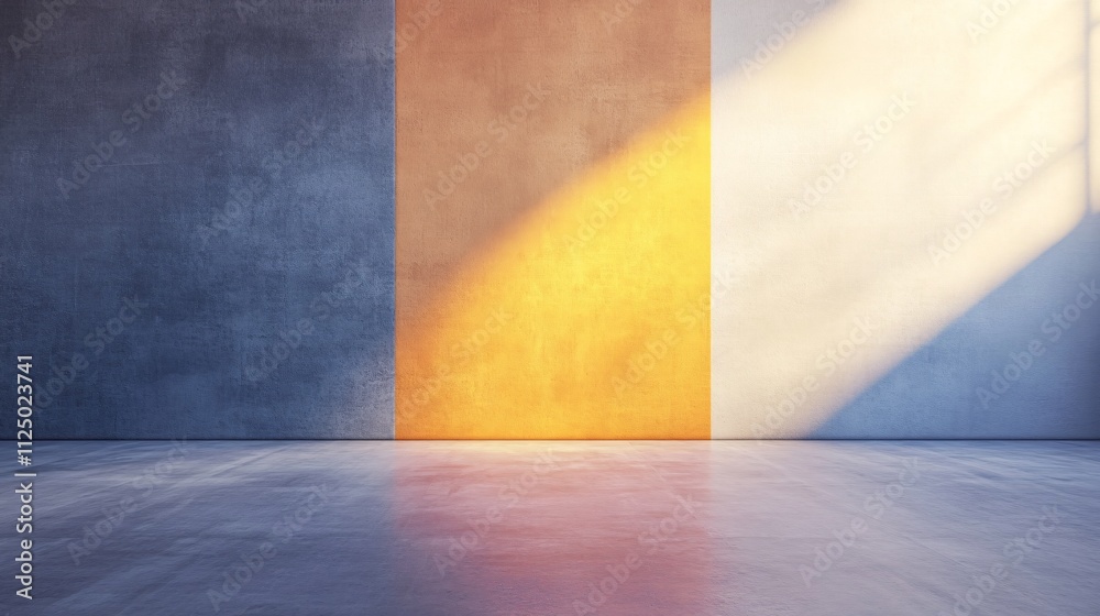 Poster sunlight illuminating colorful concrete wall in empty room
