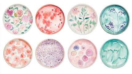 A vibrant collection of decorative plates featuring floral designs in various colors and patterns, showcasing artistic craftsmanship and style.