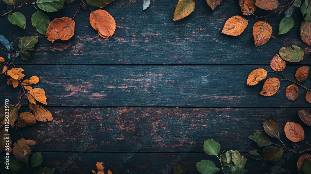 Poster colorful autumn leaves frame on rustic wooden background creating copy space