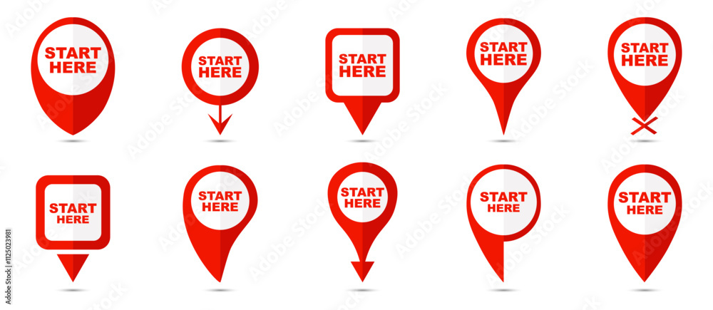 Poster Set of red start here pin pointer icons