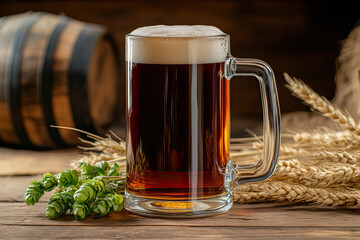 Mug of beer, wheat ears, green hops, and beer barrel on a wooden background. High-quality photo