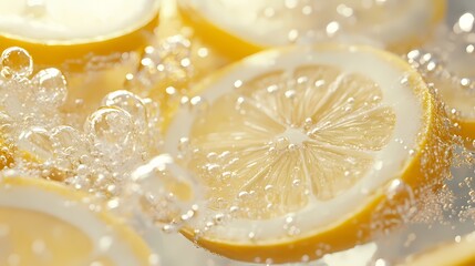 Refreshing close-up of lemon slices in sparkling water, showcasing vibrant colors and effervescent bubbles.