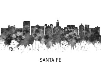 Obraz premium Santa Fe New Mexico Skyline BW, cityscape landscape watercolor abstract painting splash travel art illustration graphic design urban art modern downtown