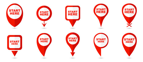 Set of red start here pin pointer icons