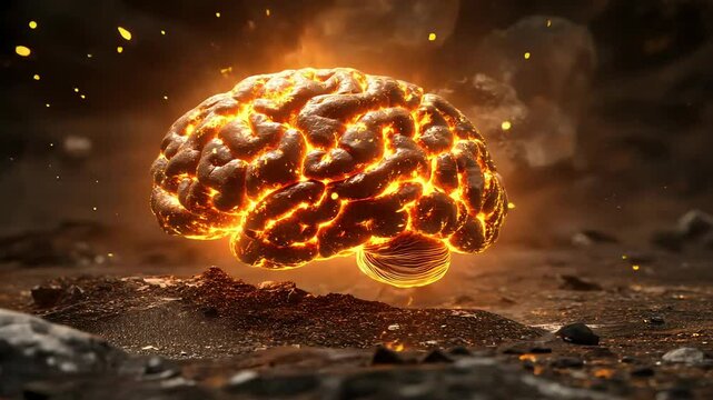 Fiery brain floating ground with sparks