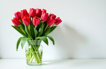Fototapeta premium Bouquet red tulips glass vase standing on table, floral decor. AI Generative