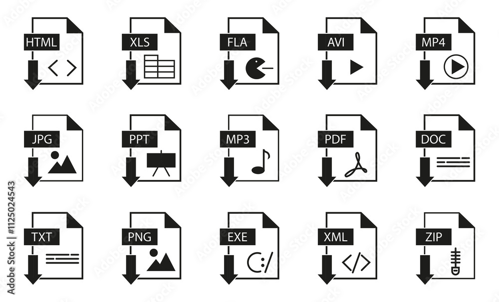Aufkleber Set of black format document icons on a white background