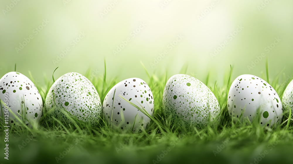 Wall mural eggs with speckled patterns are arranged on the grass.
