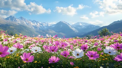 Fototapeta premium A vibrant field of wildflowers in various shades of pink and white, set against a majestic mountain backdrop.