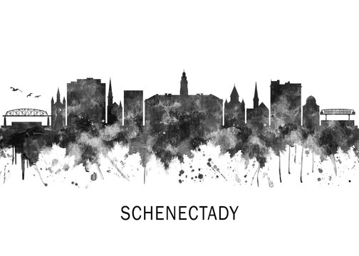 Schenectady New York Skyline BW, cityscape landscape watercolor abstract painting splash travel art illustration graphic design urban art modern downtown