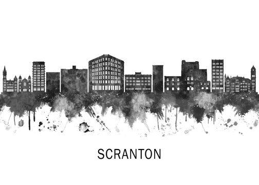 Scranton Pennsylvania Skyline BW, cityscape landscape watercolor abstract painting splash travel art illustration graphic design urban art modern downtown