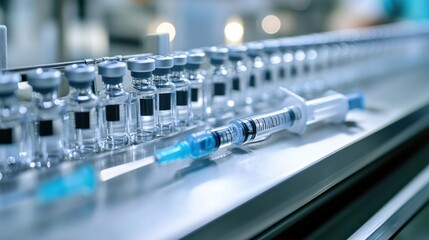 White sterile environment of a medical device factory, production line assembling syringes, technicians monitoring each stage