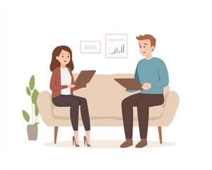 Obraz premium A young couple discussing work on laptops while seated on a sofa in a cozy, modern living space.