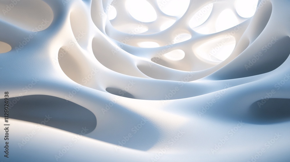 Poster Abstract futuristic empty building interior in white color with holes and bright light