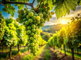 Fototapeta premium Close Up of Lush Green Grapes, Vitis vinifera, Hanging on Tree Branch in a Sunlit Vineyard - Captivating Nature's Bounty and Organic Freshness of Grapevines