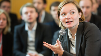 A confident public speaker addressing a large audience at a conference, microphone in hand, with a blurred crowd in the background, emphasizing focus and energy in communication and leadership.