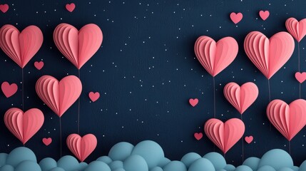 A whimsical design featuring pink hearts and balloons against a dark background, creating a romantic and playful atmosphere.