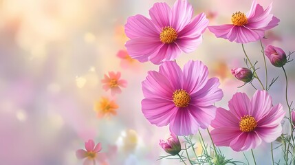 Fototapeta premium Beautiful pink cosmos flowers in soft pastel colors, creating a serene and dreamy atmosphere.