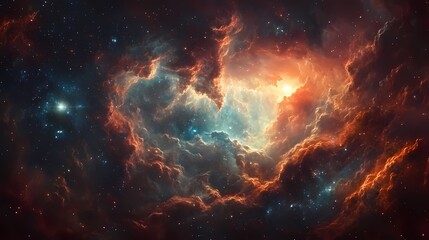 Naklejka premium A stunning cosmic nebula showcasing vibrant colors and swirling gas clouds in deep space.