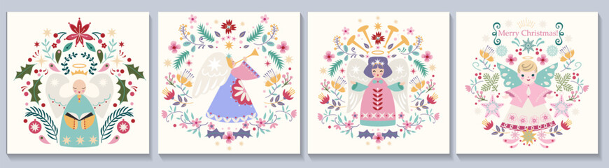 Merry Christmas greeting card set. Vintage Scandinavian Xmas design with typography, angel,  Christmas tree branches, berries, flowers.