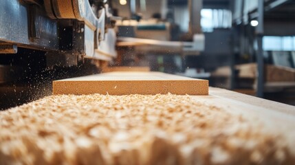 Wood processing line with saws and planers shaping timber planks, sawdust captured by vacuum systems