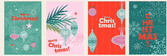 Merry Christmas and Happy New Year greeting card set. Vintage beautiful Xmas design with typography, Christmas tree branches, balls, snowflakes. Minimal art banner, poster, cover templates.