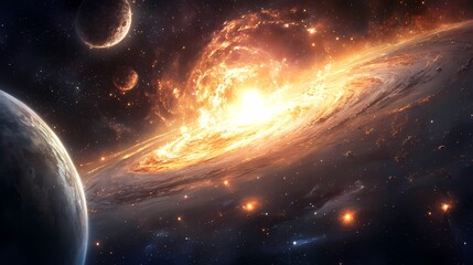 Fototapeta premium A breathtaking view of a galaxy with vibrant colors, featuring a distant sun and surrounding celestial bodies.