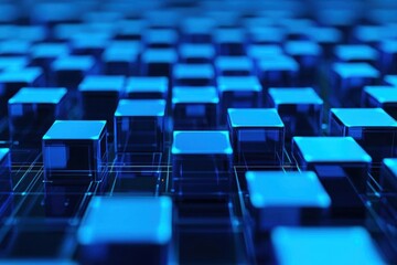 Fototapeta premium Abstract floating holographic cubes glowing in shades of blue, abstract technology background, futuristic modularity