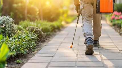 Professional Pest Control Technician Applying Treatment in a Lush Garden Environment During Sunset for Home and Garden Maintenance Services