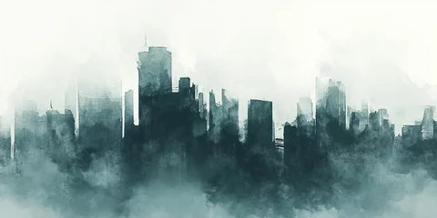 Moody, atmospheric cityscape with a blurred skyline silhouette in fog, rendered in a painterly watercolor style with muted grays and whites.