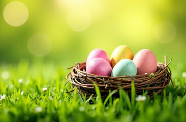 Fototapeta premium Nest with easter eggs in grass on a sunny spring day, Easter decoration