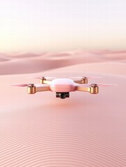 A sleek pink drone hovering over soft desert dunes at sunset, showcasing innovation in aerial photography.