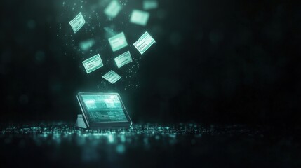 A futuristic device surrounded by floating digital data, conveying a theme of technology and information exchange in a dark, illuminated environment.