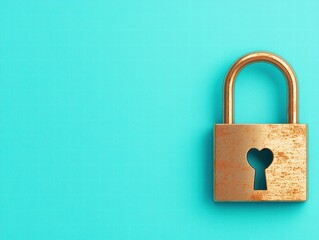 A vintage padlock with a heart-shaped keyhole against a vibrant turquoise background, symbolizing security and love.