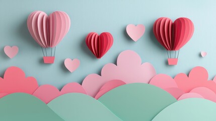 A whimsical scene featuring paper hot air balloons and hearts against a pastel background, evoking romance and creativity.