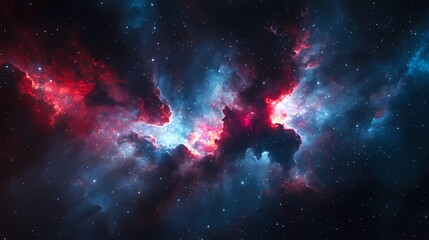 Fototapeta premium A stunning cosmic scene featuring vibrant red, blue, and violet nebulae, shimmering stars, and deep space ambiance.